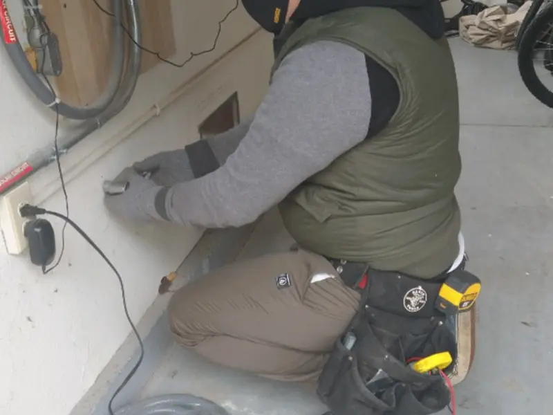 Electrician performing outlet wiring in a La Joya garage